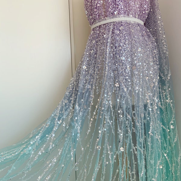 Aqua purple Sparkle bead tulle lace fabric, ombre colored bead fabric with gradient colors with florals vines for ball gowns