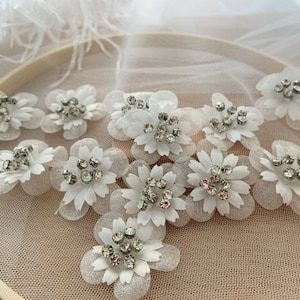 5pcs off white 3d flowers applique, heavy bead petals with rhinestone for couture, hand crafted bridal appliques