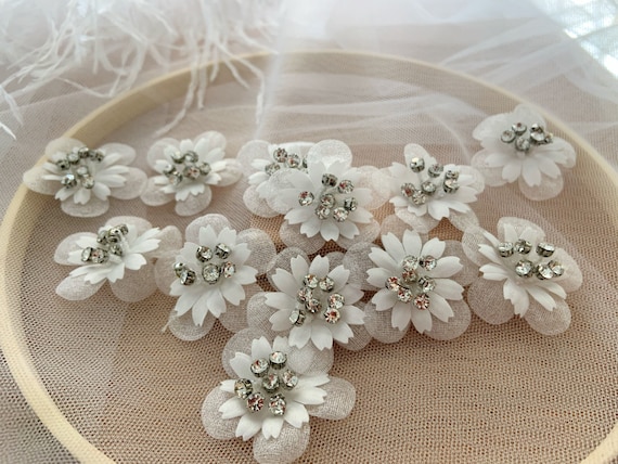 5pcs off white 3d flowers applique, heavy bead petals with rhinestone for couture, hand crafted bridal appliques