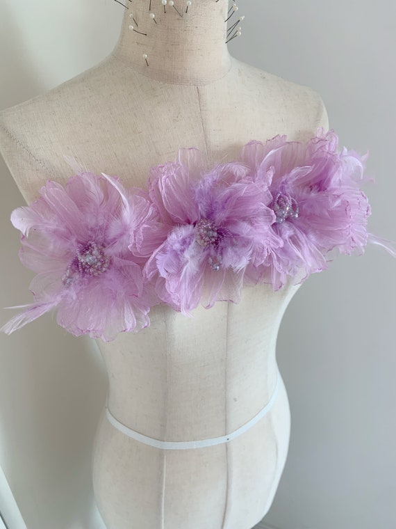 purple flower patch with feather for couture Millinery dance costume headpiece