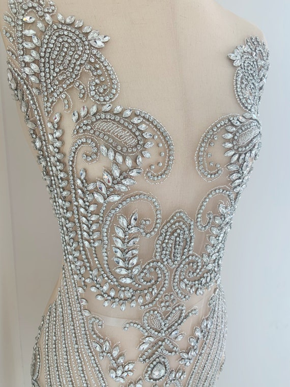 Big Rhinestone appliqué, rhinestone bodice applique, crystal bodice appliqué for couture, dress, dance costume, stage performance