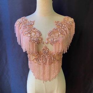 Pink Rhinestone applique with crystal fringe for party dress, body jewelry with fringe, crystal embellishment for couture, dance costume