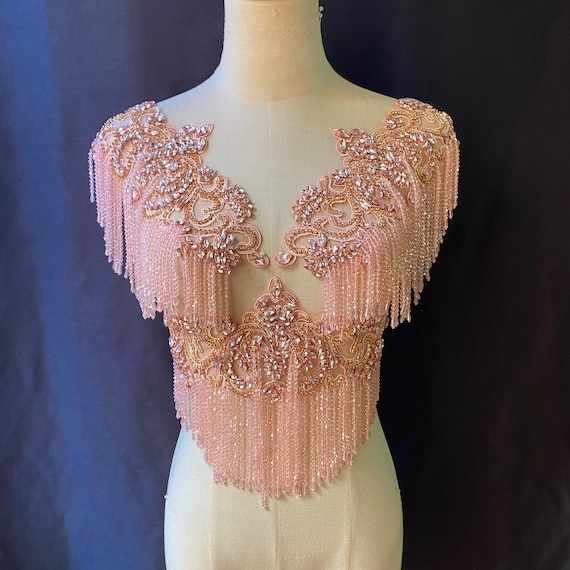 Pink Rhinestone applique with crystal fringe for party dress, body jewelry with fringe, crystal embellishment for couture, dance costume