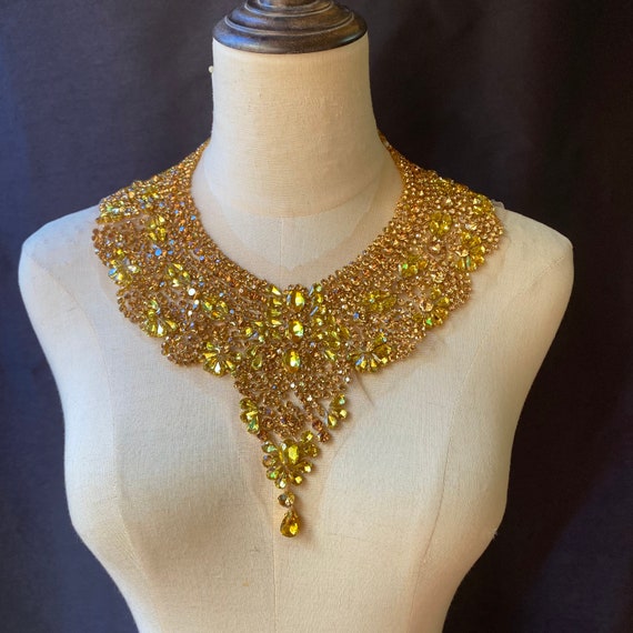 gold rhinestone necklace applique, rhinestone collar for couture, dress, costume
