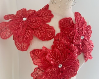 Red 3d flowers applique for couture dance costume headpiece