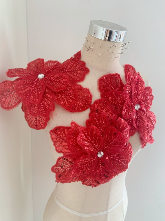 Red flowers patch for couture, dance costume, headpiece