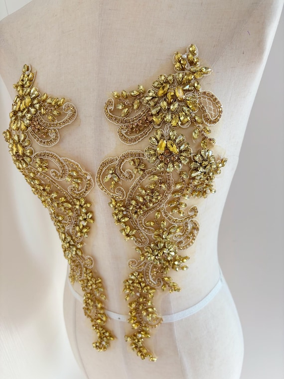 Gold rhinestone applique patch for dress, dance costume, rhinestone corset , couture supplies for prom dress, birthday dress