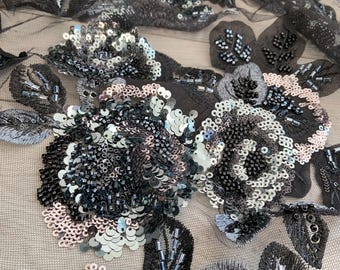 Tela bordada con cuentas negras y flores, tela de cuentas pesadas con flores 3D para vestidos, alta costura