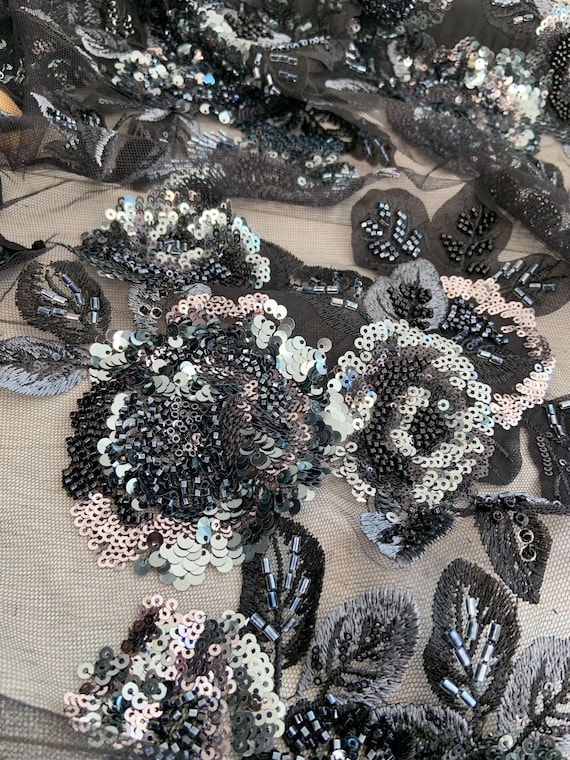 Black bead embroidery fabric with flowers, heavy bead fabric with 3d florals for dress, couture