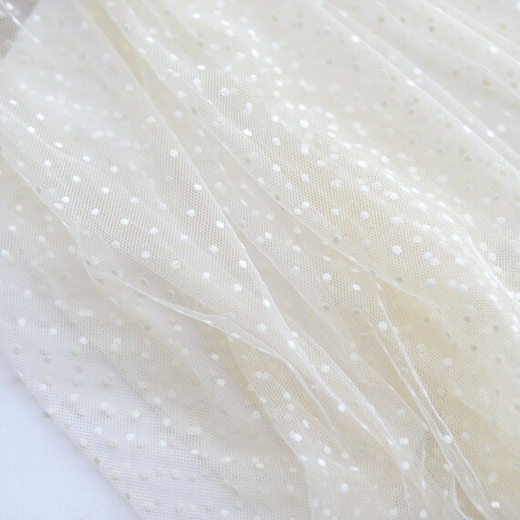ivory beige tulle Lace fabric with polka dots, Embroidered tulle mesh lace fabric with velvet dot