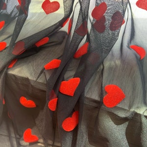 Black stretch tulle fabric with red velvet hearts for skintight dress, power mesh fabric, elastic tulle fabric, smooth, well drape