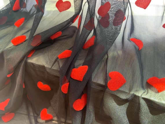 Black stretch tulle fabric with red velvet hearts for skintight dress, power mesh fabric, elastic tulle fabric, smooth, well drape