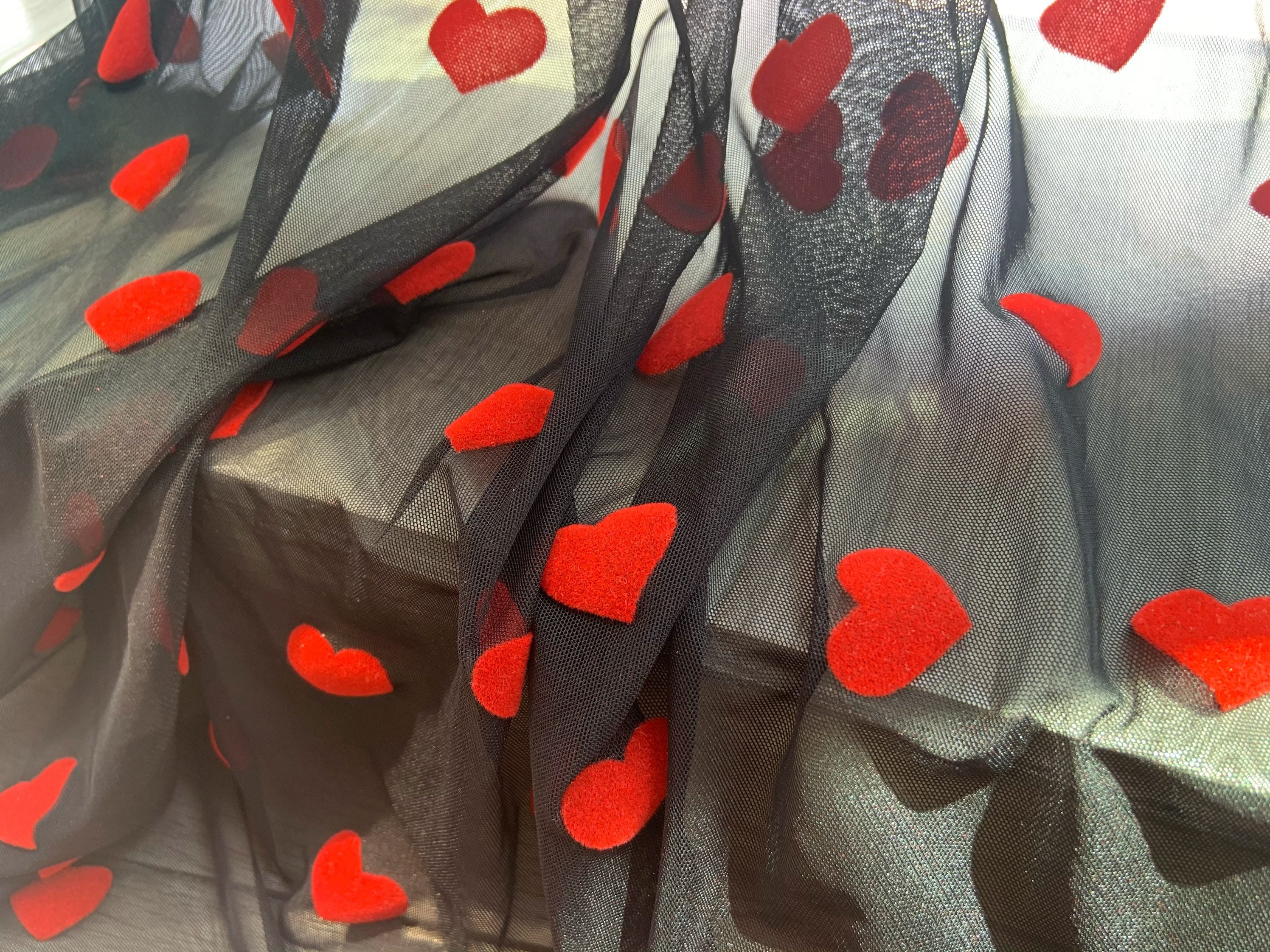 Black Stretch Tulle Fabric With Red Velvet Hearts for Skintight