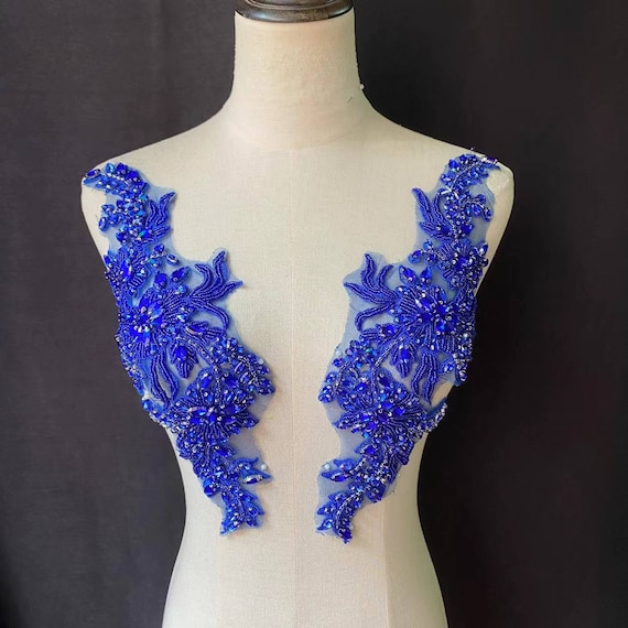 Blue rhinestone applique for couture, costume, dress, crafted rhinestone florals motif , deluxe bead florals applique for haute couture