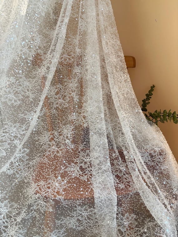 Soft White bead Chantilly lace fabric by yards , heavy beading Chantilly lace fabric for wedding gowns