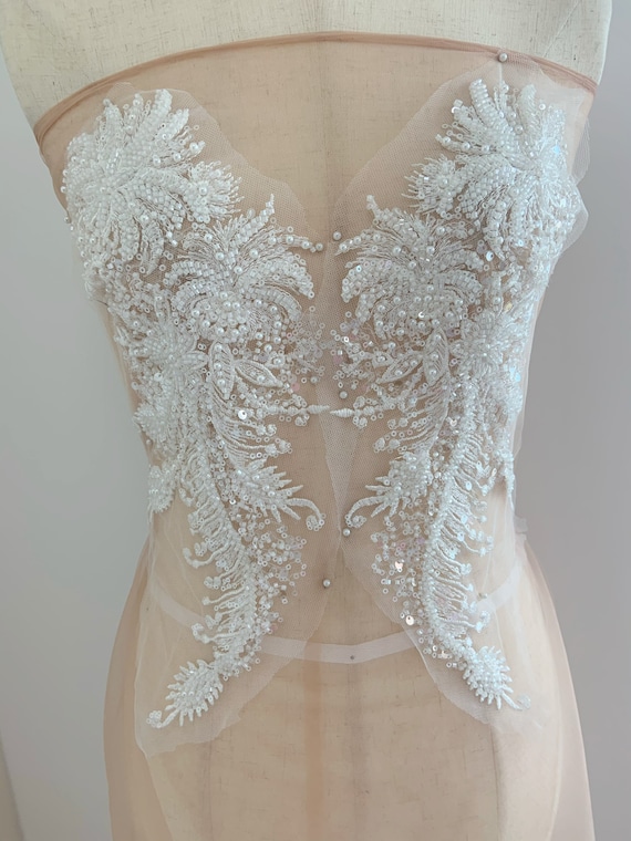 heavy bead Lace Applique for bridal dress, couture, heavy embroidered lace bodice with beads and sequins