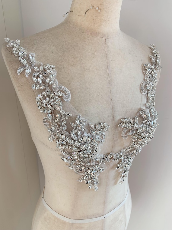 Silver Rhinestone Appliqué Pair – Hand beaded Crystal Floral Bodice Patch for Bridal Gown, Dress, Dance Costume