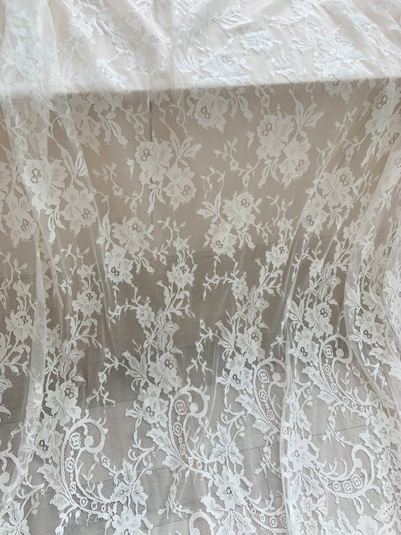 1.5 meter ivory French lace fabric, chantilly lace fabric with fringe, lace for bridal dress, wedding dress