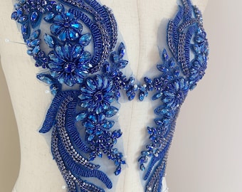 Royal blue rhinestone applique, crystal bodice patch, heavy rhinestone bead applique for couture and dance costume