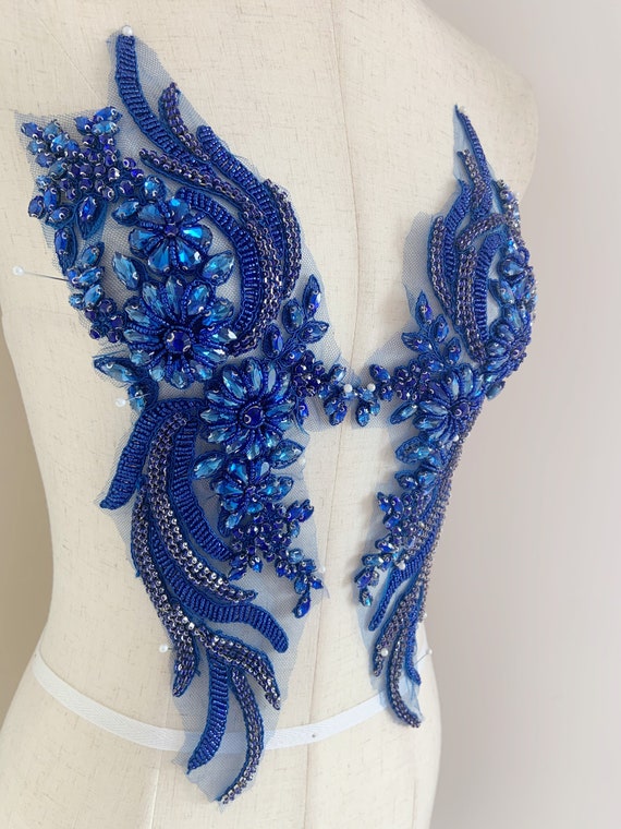 Blue rhinestone applique, crystal bodice patch, rhinestone patch applique for couture and dance costume