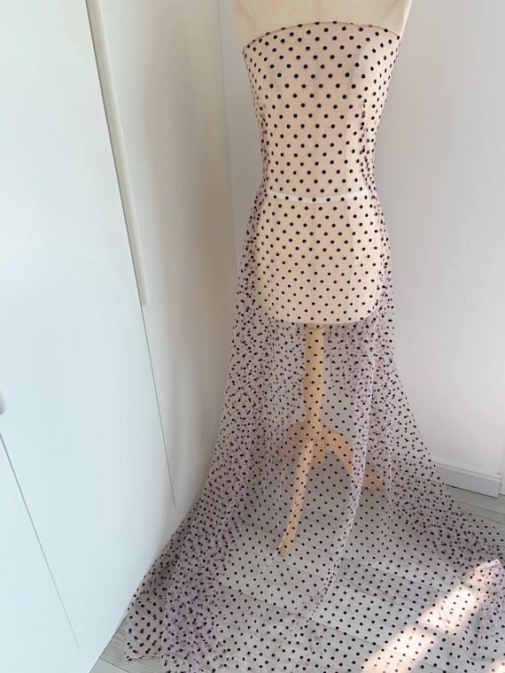 soft pink tulle fabric with black flocking dots