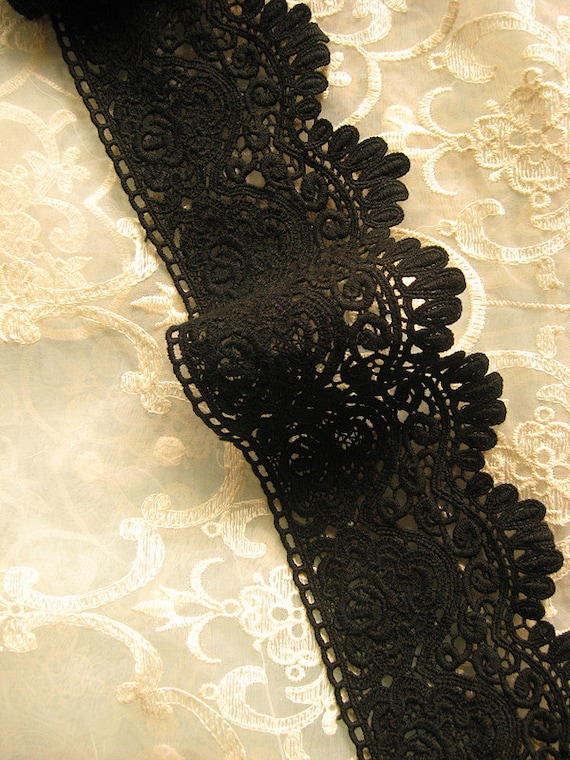 Black Cotton Lace Trim, 5.3 Wide Cotton Lace Trimming, Black Lace Trim  with Eyelet Embroidery One Yard