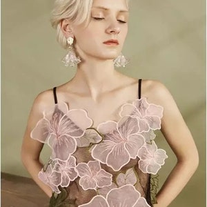 lace applique set, 3D heavy embroidered lace applique with 3D flowers, pink flower lace bodice applique set, flowers leaves applique set