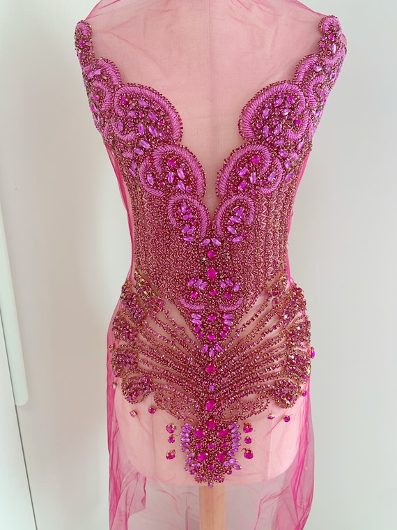 Fuchsia Rhinestone applique, rhinestone dress, crystal applique for couture, dress, costume, stage performance