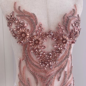 Peach pink rhinestone applique, crystal bodice patch, heavy bead applique for couture and dance costume