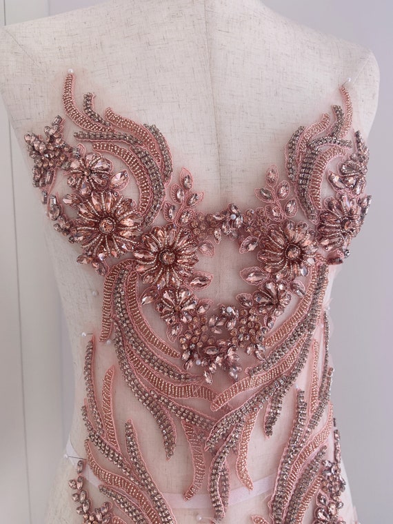 Peach pink rhinestone applique, crystal bodice patch, heavy bead applique for couture and dance costume