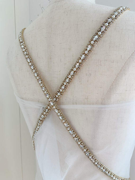 Gold thin Rhinestone Sash trim, crystal bead belt for wedding sash, dress strap, couture