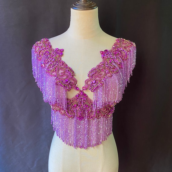 Purple Rhinestone applique with crystal fringe for party dress, body jewelry with fringe, crystal embellishment for couture, dance costume