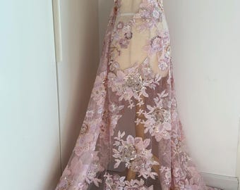 Tela bordada con cuentas de color rosa suave y flores, tela de cuentas pesadas con flores 3D para vestidos, alta costura