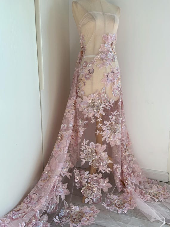 Soft pink bead embroidery fabric with flowers, heavy bead fabric with 3d florals for dress, couture