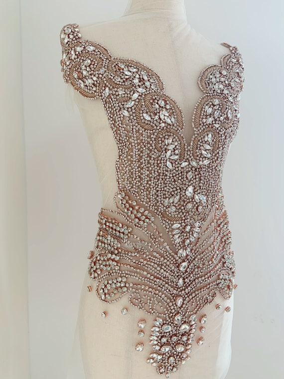 Big rose gold Rhinestone applique, rhinestone dress, crystal applique for couture, dress, costume, stage performance