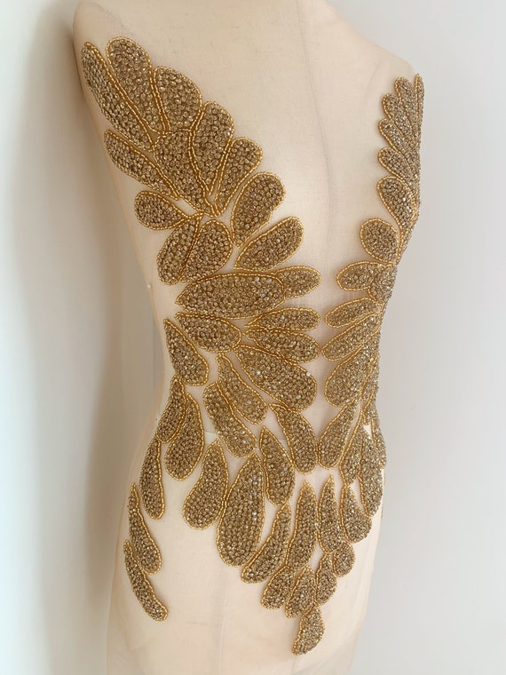 Gold Rhinestone bodice applique, rhinestone bodysuit, crystal applique for couture, dress, costume, prom