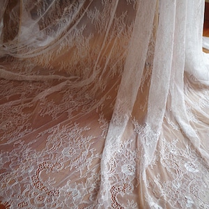 May include: White lace fabric with a delicate floral pattern. The lace is sheer and has a soft, flowing texture.