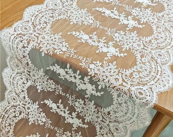 ivory lace fabric, bridal lace fabric, alencon lace fabric, cord lace fabric, embroidered floral lace fabric with retro florals