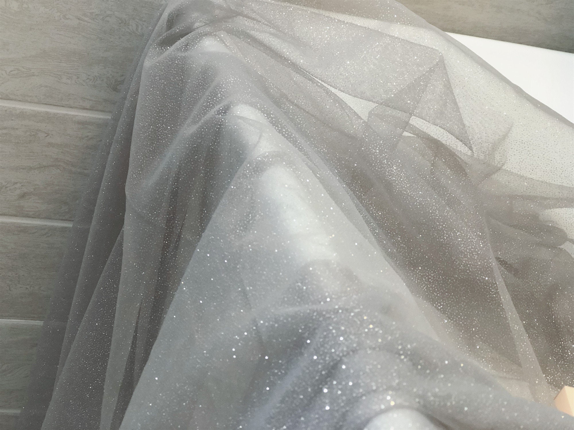 Sparkle Grey Tulle Fabric With Glitters for Dress, Veil