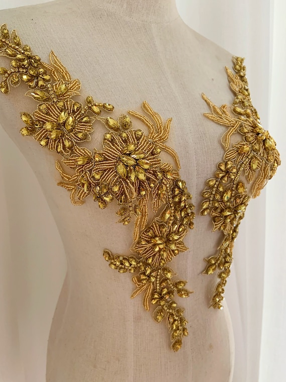 Gold rhinestone applique for couture, costume, dress, gold florals rhinestone patch