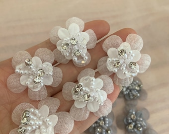 5pcs 3d florals applique, heavy bead petals with rhinestone, hand crafted flowers