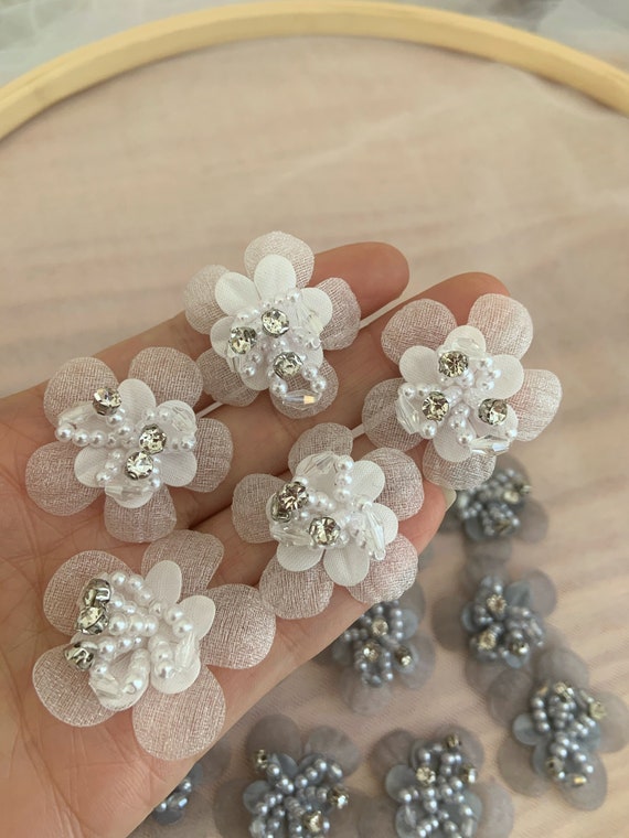 5pcs 3d florals applique, heavy bead petals with rhinestone, hand crafted flowers
