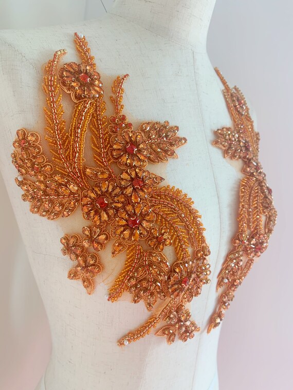 orange Rhinestone appliqué, sparkle crystal patch, crystal bodice patch, handmade couture supplies, dance costume supplies