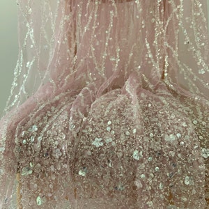 Dust pink Heavy bead tulle lace fabric with florals for bridal dress, beading and sequined mesh fabric for wedding gown