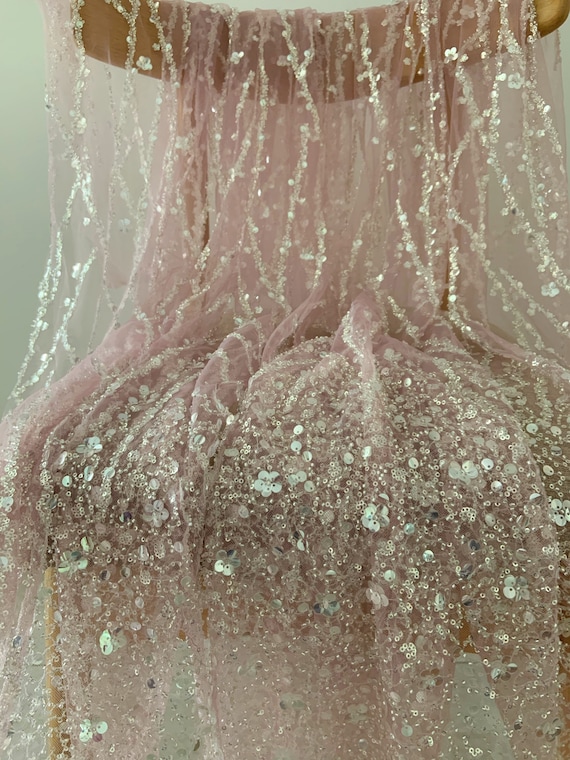 Dust pink Heavy bead tulle lace fabric with florals for bridal dress, beading and sequined mesh fabric for wedding gown
