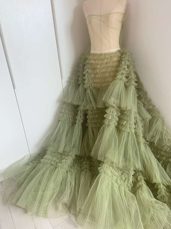 Moss Green ruffle Fabric with shimmer for cake dress, ruffles fabric for photography dress