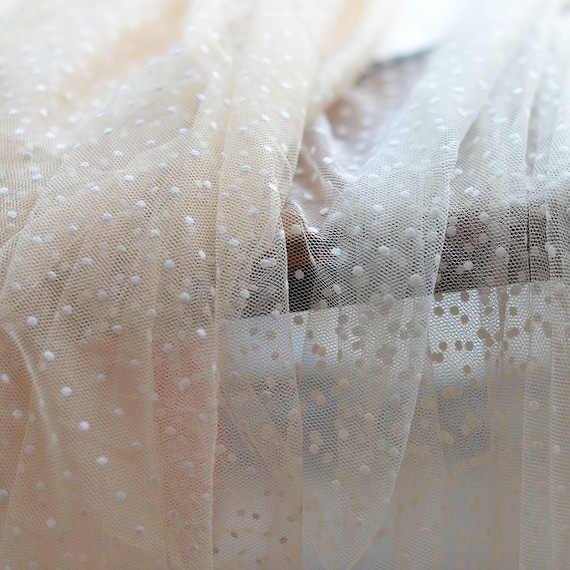 nude tulle Lace fabric with polka dots, Embroidered tulle mesh lace fabric with velvet dot
