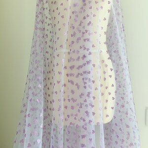 Light purple tulle fabric with glitter hearts, tulle with sweethearts for dress, costume, sparkle tulle, party decors, wedding decors