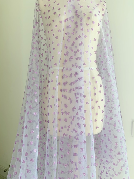 Light purple tulle fabric with glitter hearts, tulle with sweethearts for dress, costume, sparkle tulle, party decors, wedding decors