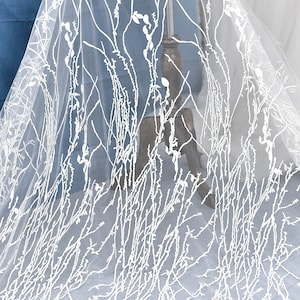 bridal Lace Fabric, off white embroidered tulle lace fabric, retro floral lace, mesh lace fabric, bridal dress lace fabric with branch